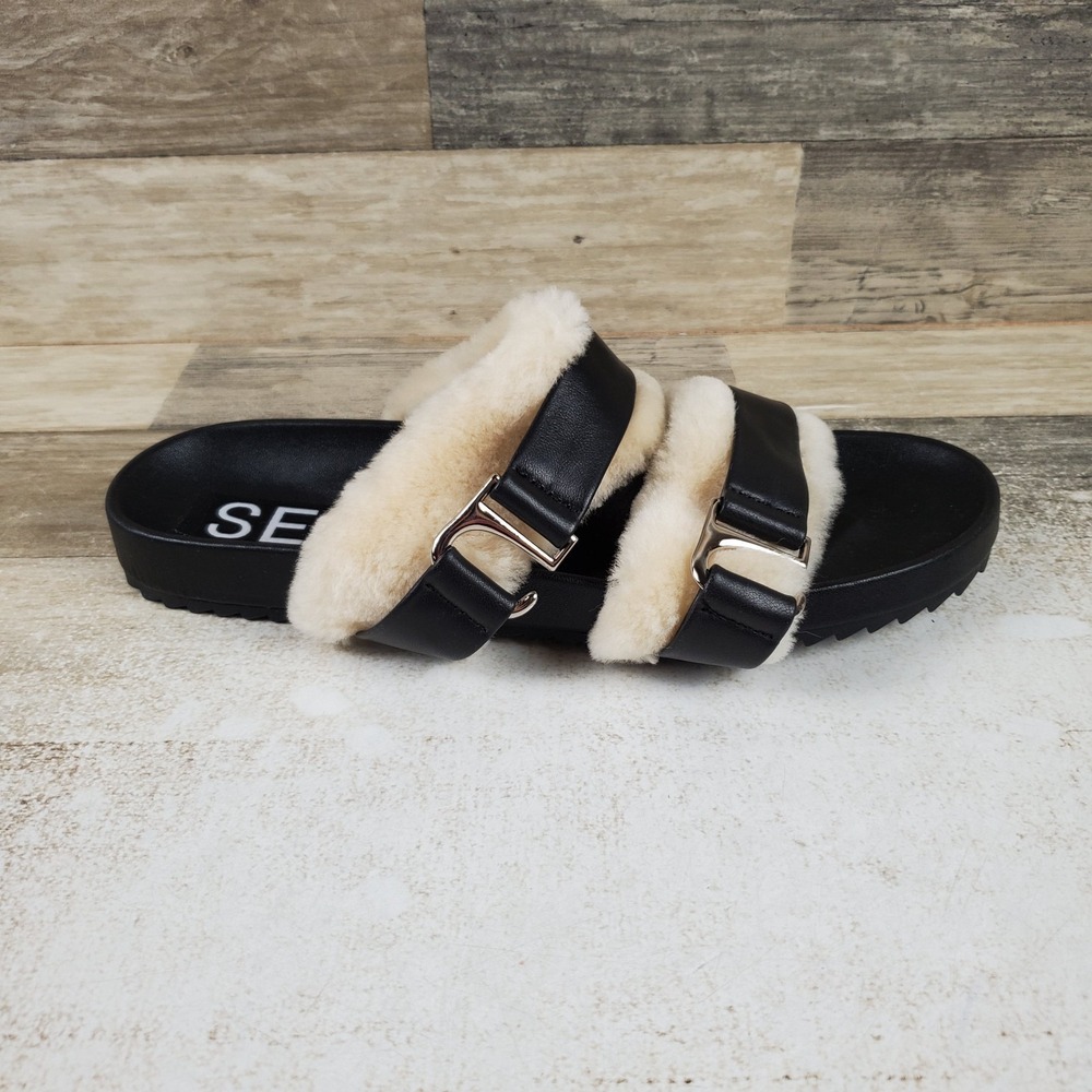 Senso Dalley Womens Slide Sandal Sz 11 Black Leather Shearling with Silver Clasp